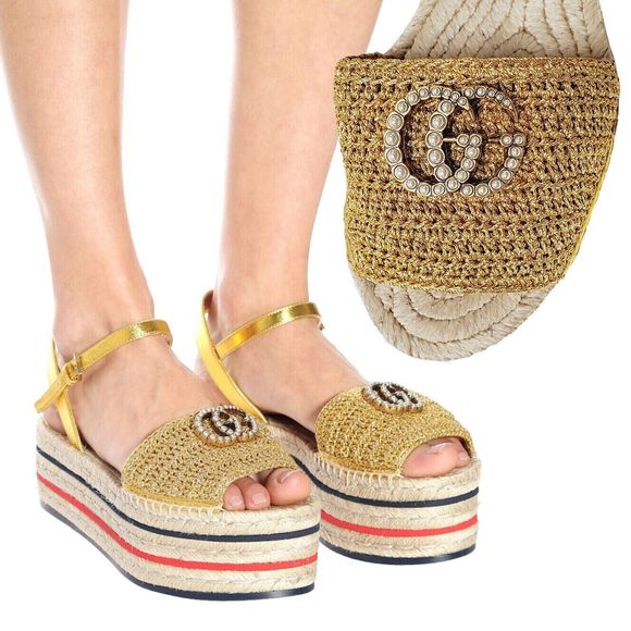 GUCCI Lilibeth Gold Platform ESPADRILLE Flat SANDALS Slide PEARL GG LOGO 39 US 9 - Picture 1 of 16